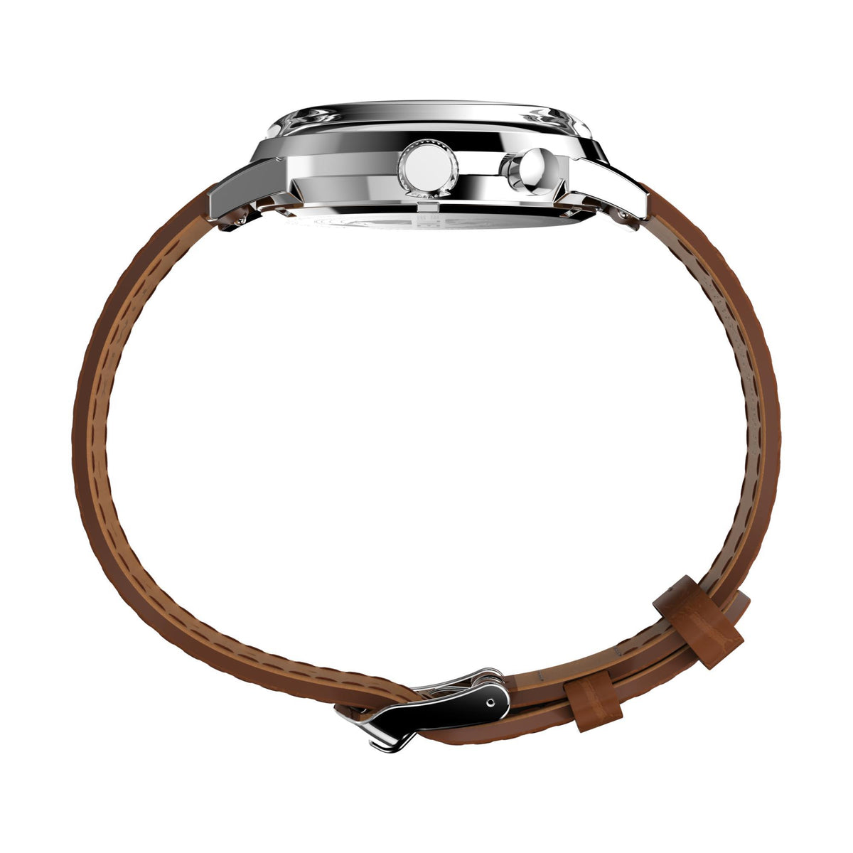 Steel watch case side view with brown leather strap and crown