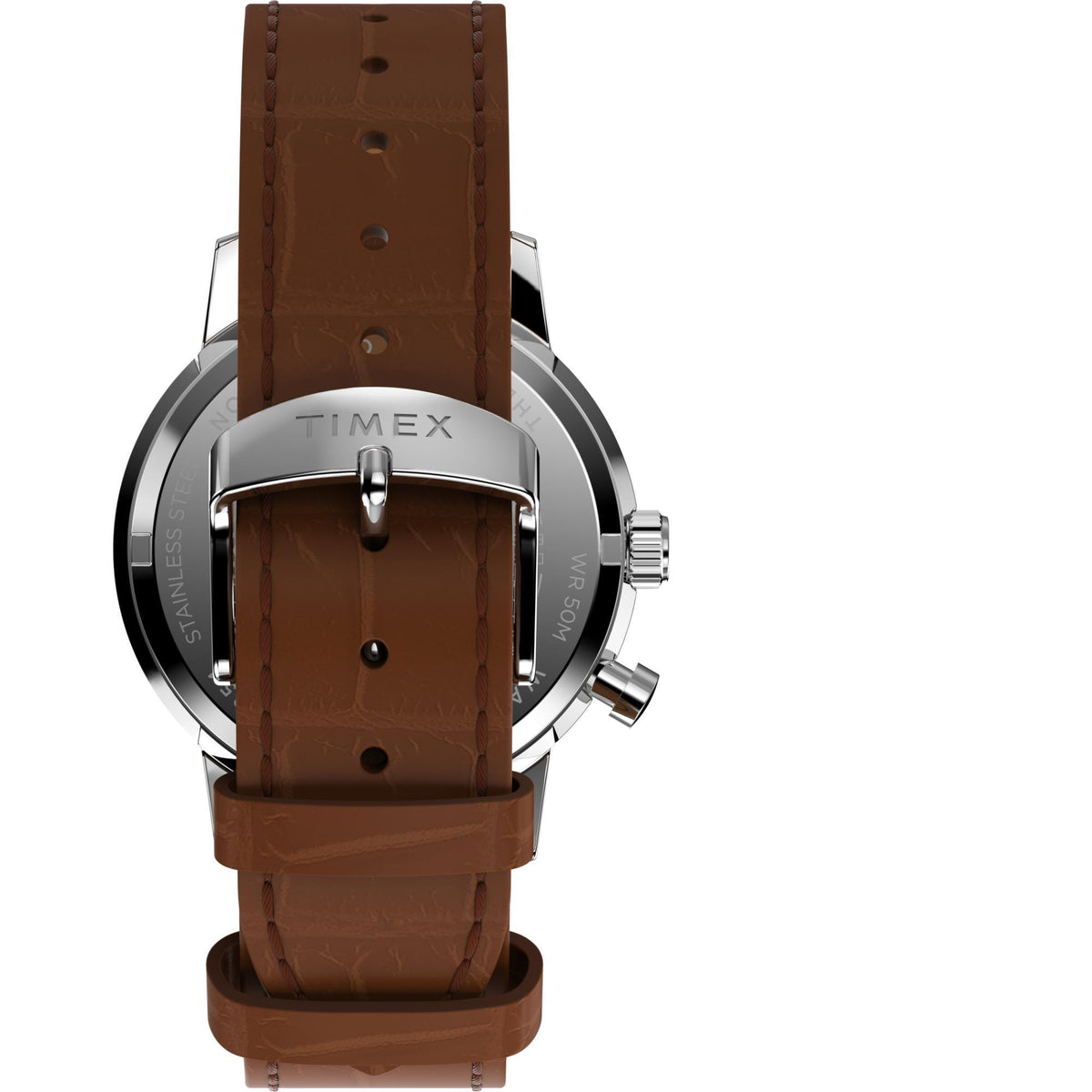 Men's steel watch back view with brown leather strap and crown