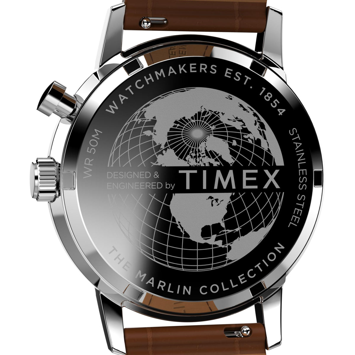 Steel watch case back with engraved globe, TIMEX lettering, and brown strap