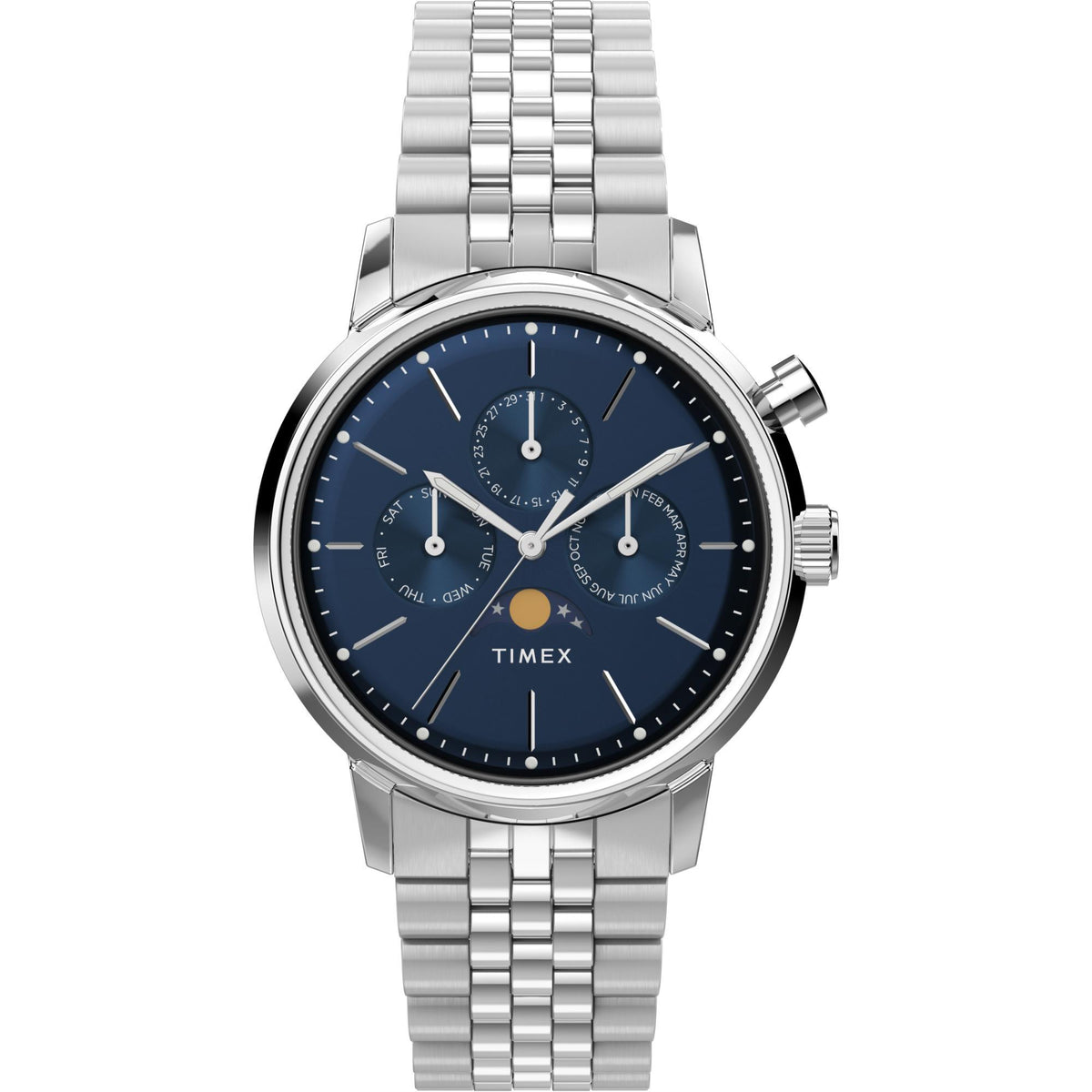 Timex Marlin 40mm Moon Phase blue dial steel watch TW2W51300 front view
