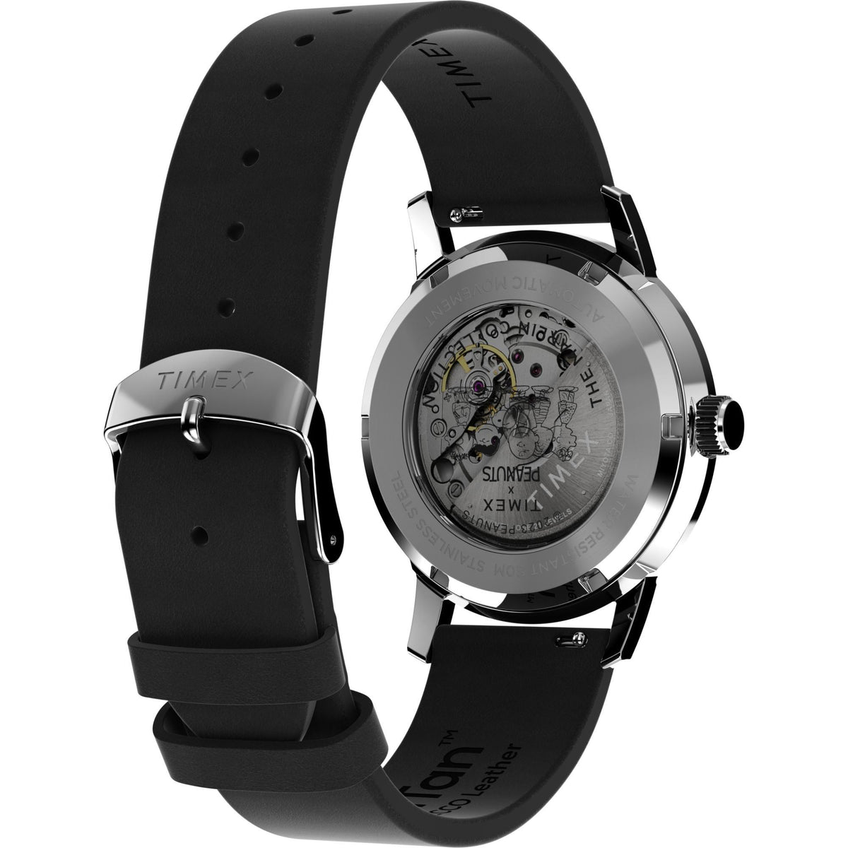 Men's automatic wristwatch with black leather strap and silver back, visible movement