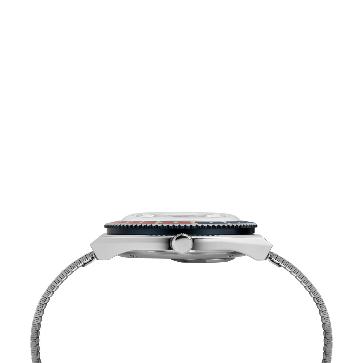 Men's steel quartz wristwatch side view with crown and blue bezel edge.
