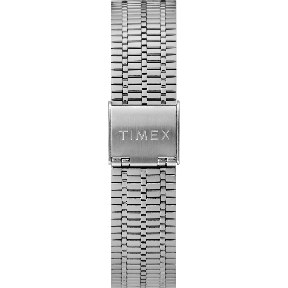 Men's steel quartz wristwatch metal bracelet with clasp, TIMEX stamped.