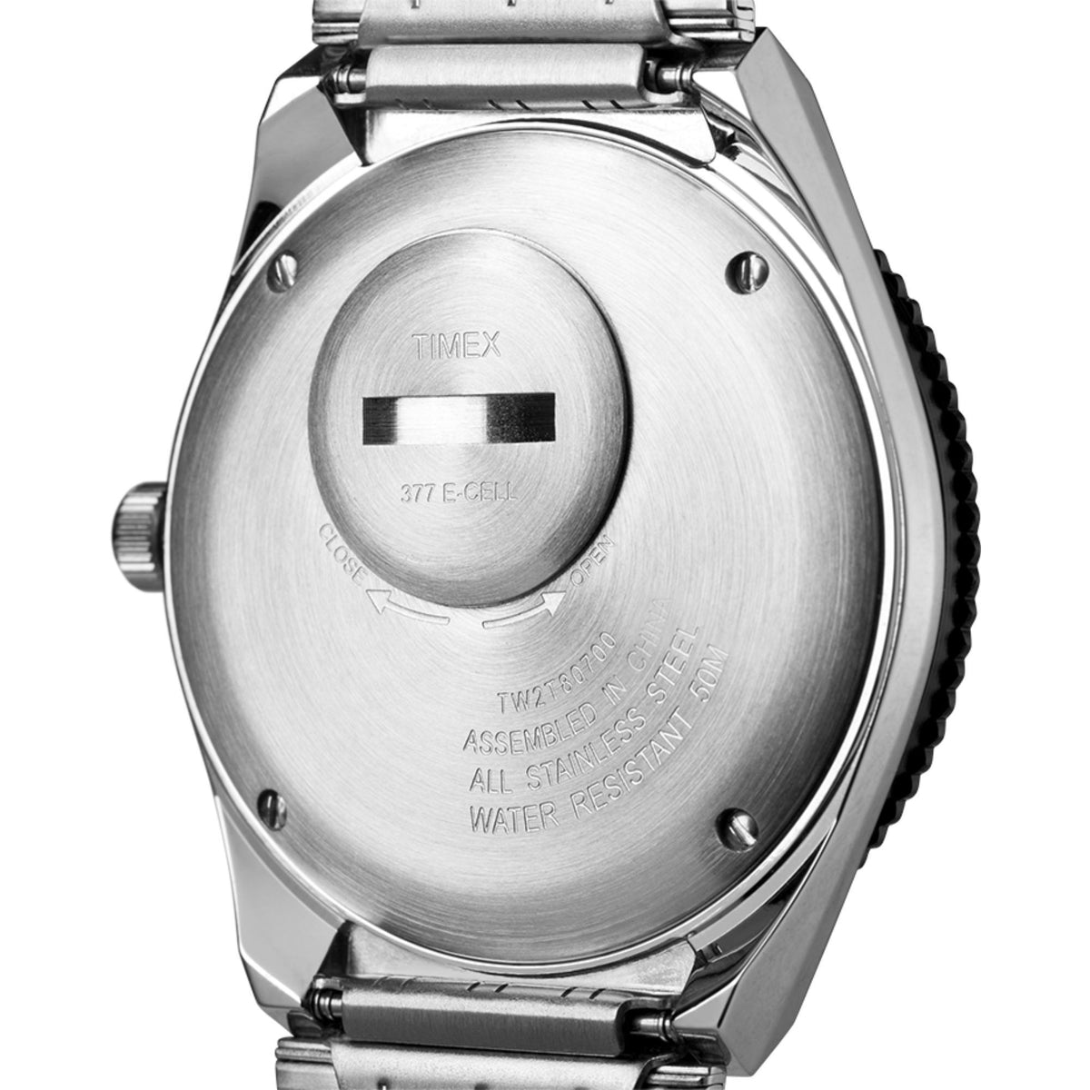 Men's steel quartz wristwatch caseback with engraved markings and screw details.