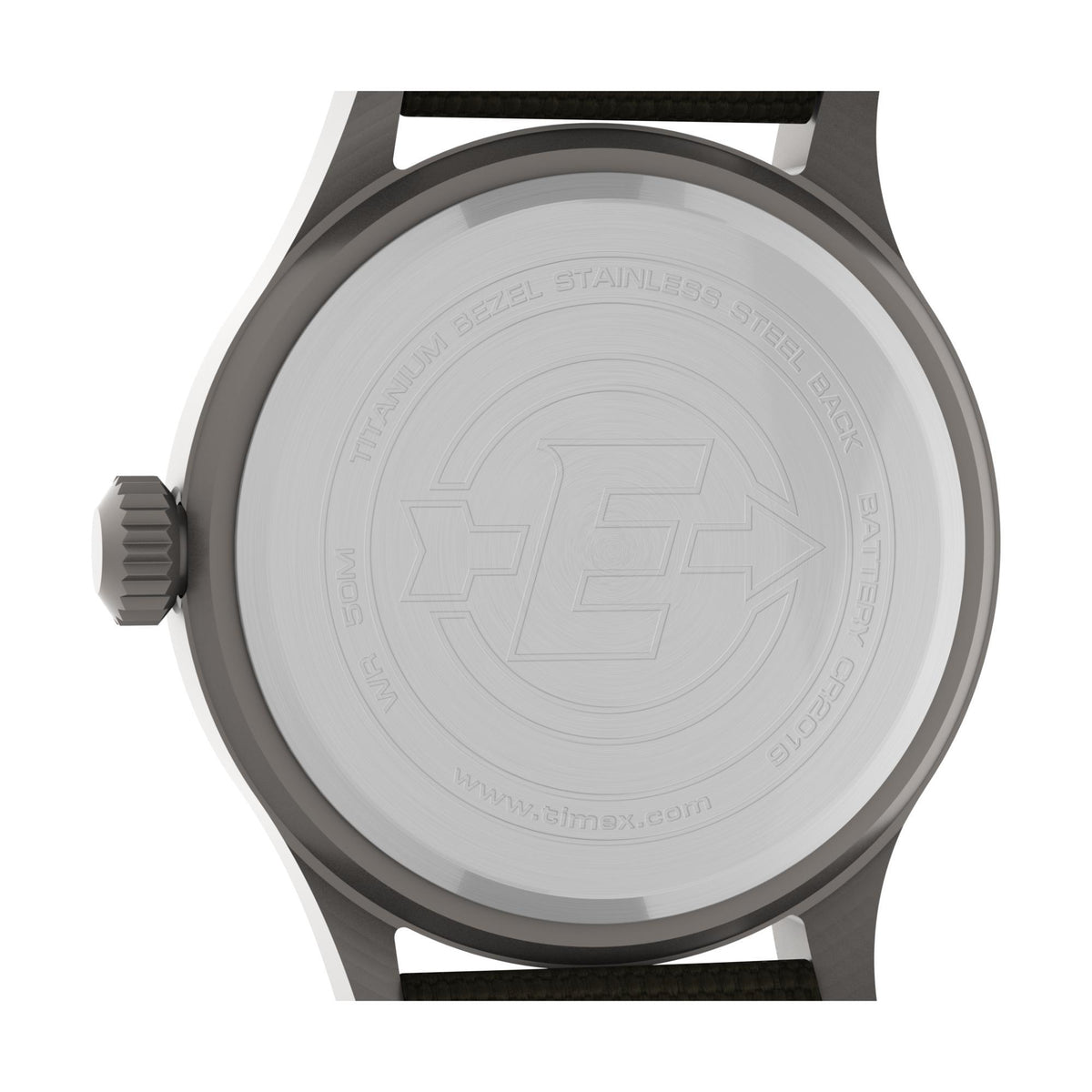 Metal caseback close-up with raised markings on a dark dial watch