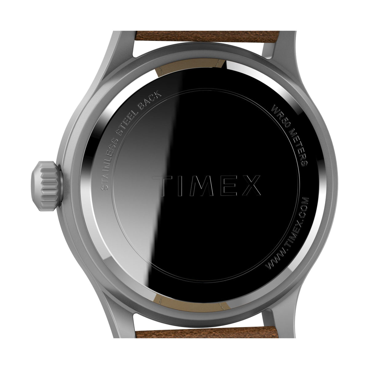Timex Expedition stainless steel case back with TIMEX text and brown leather strap edge