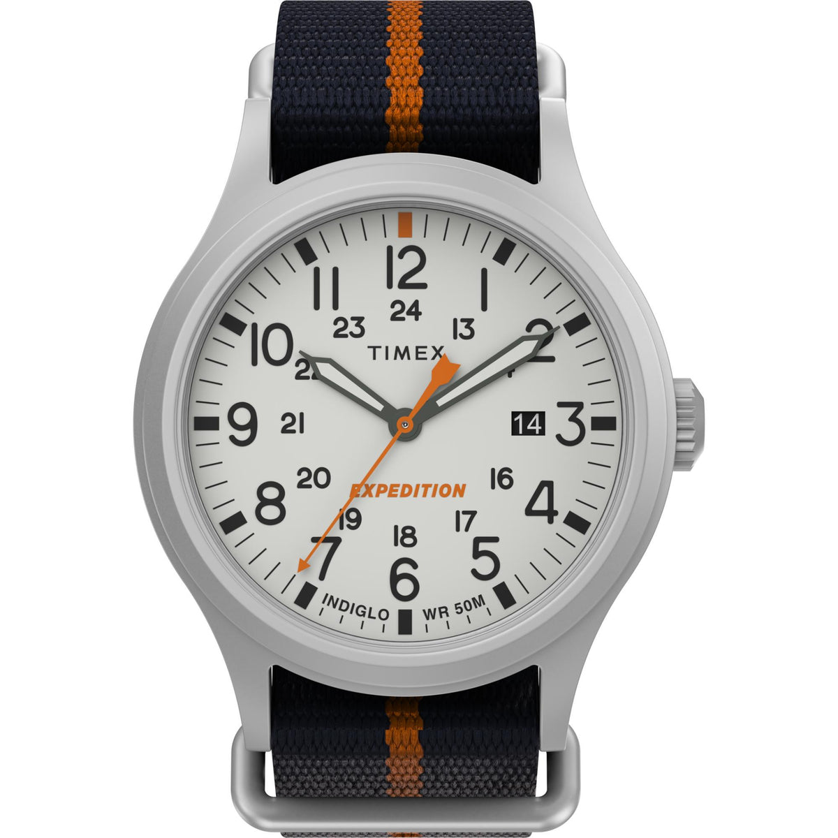 Men's quartz watch with white dial, orange hand accents, silver case, fabric strap