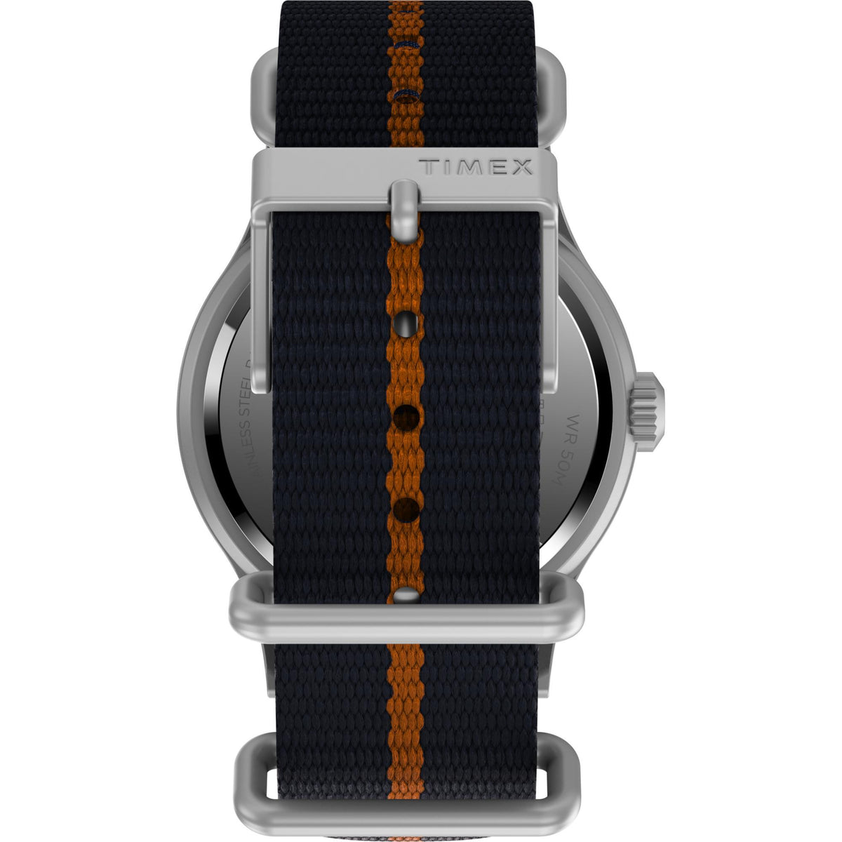 Men's quartz watch caseback with navy fabric strap and orange stripe, silver case
