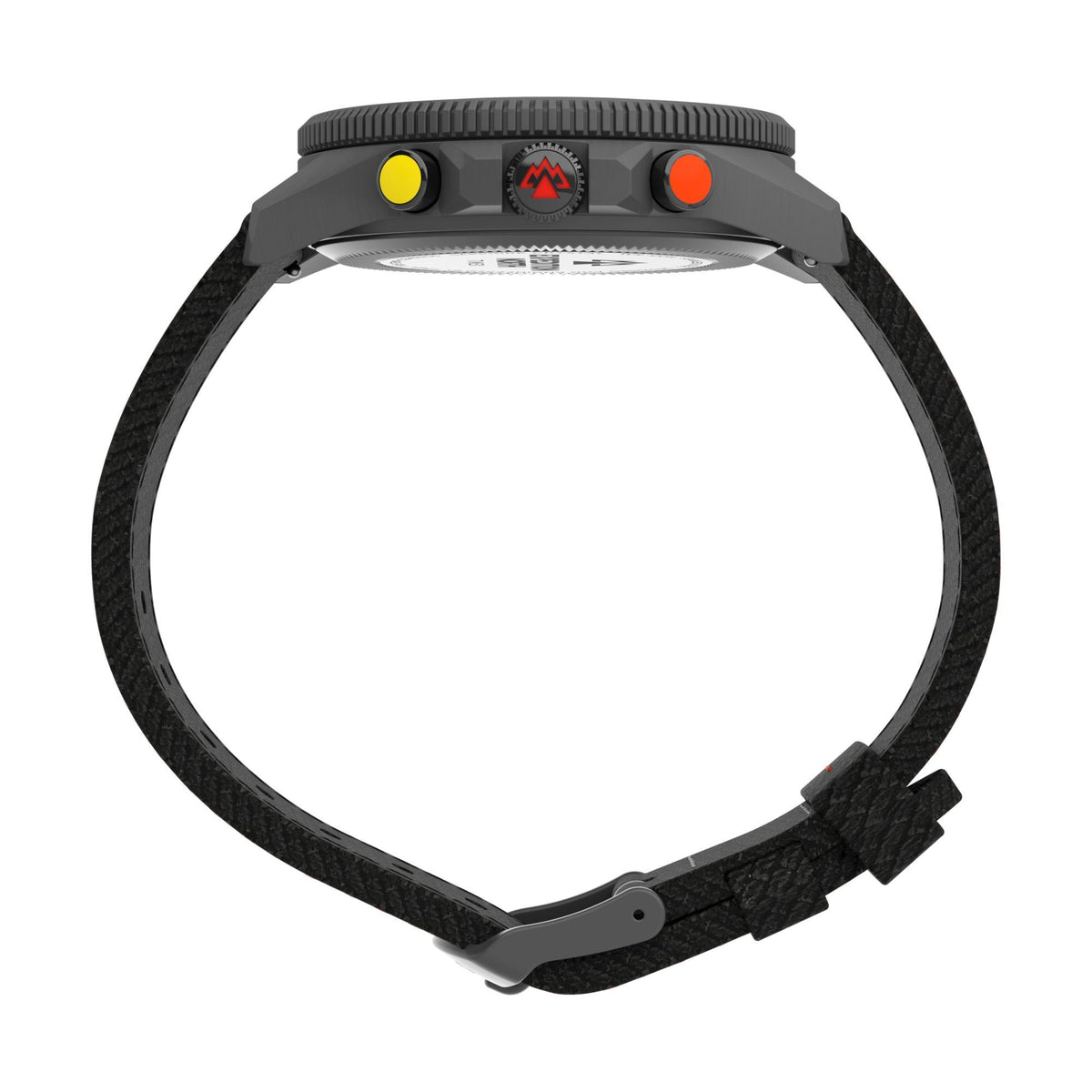 Timex Expedition watch band side view with black textured fabric strap and clasp
