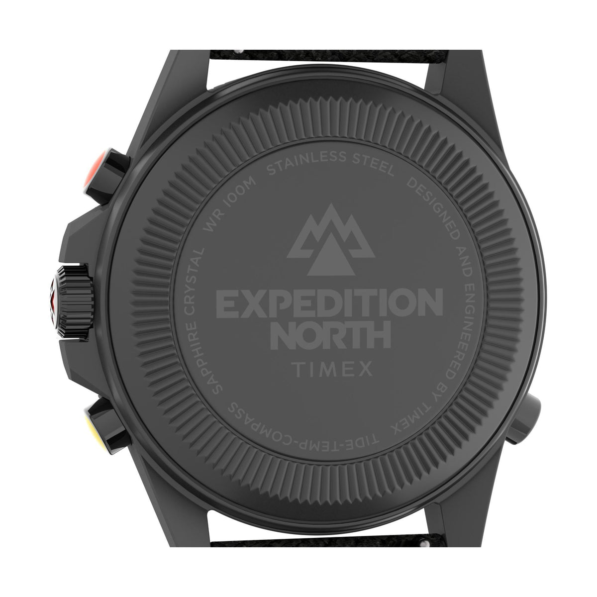 Timex Expedition watch case back in black with embossed logo and text