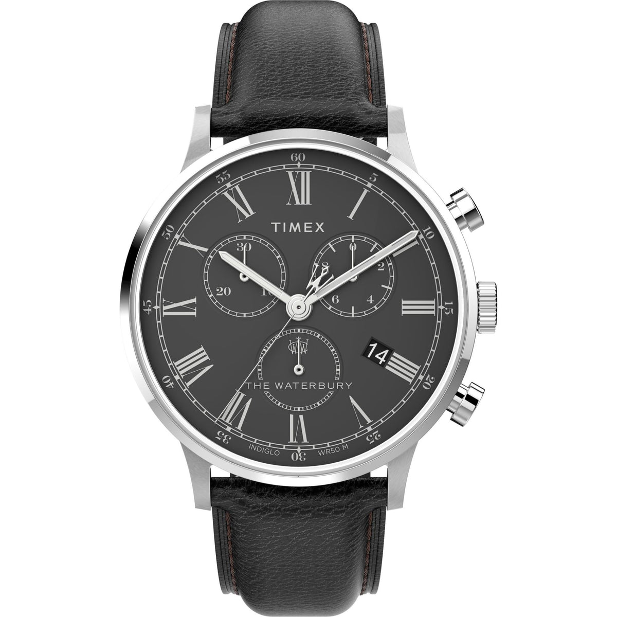 Men's quartz chronograph watch with black dial, Roman numerals, leather strap