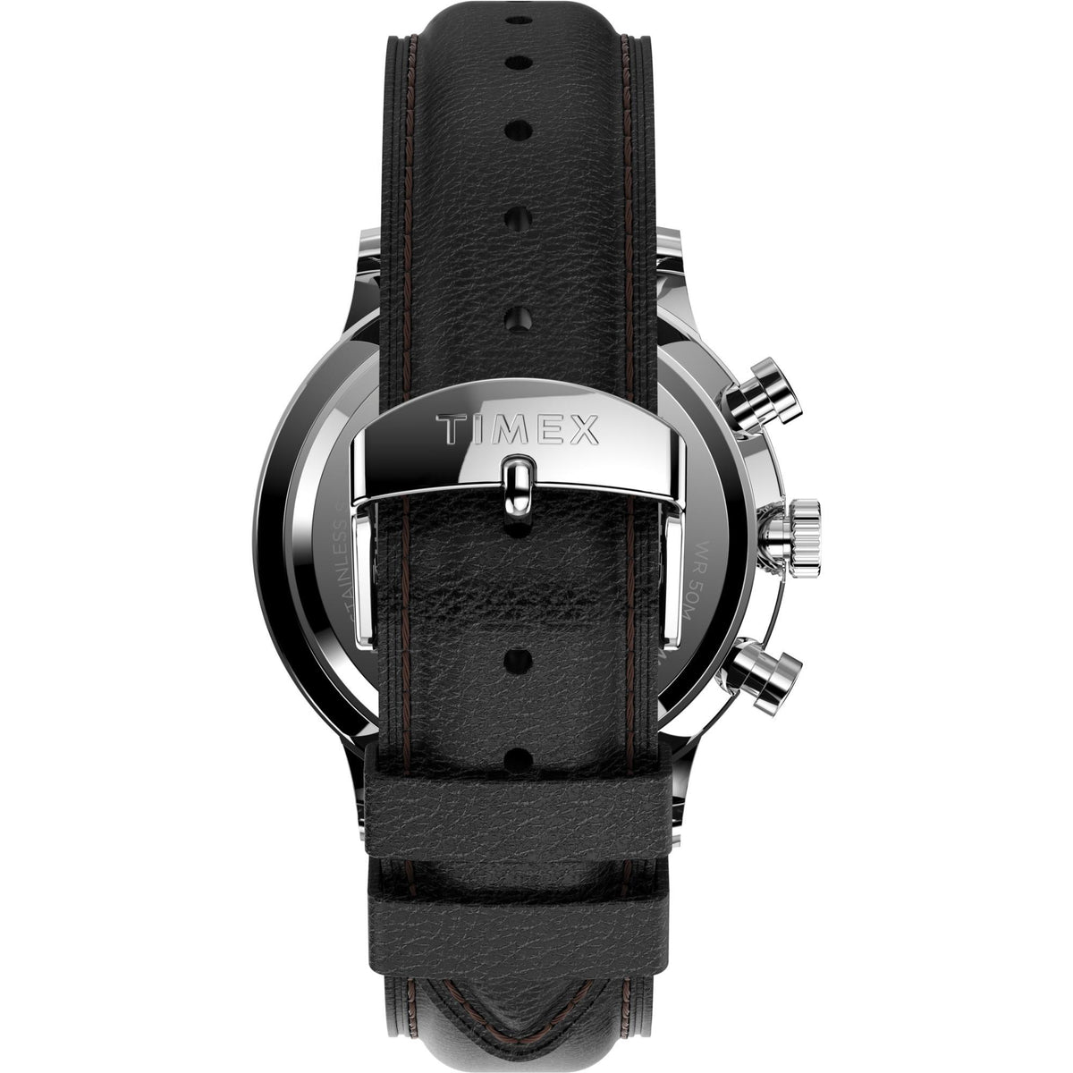 Men's quartz chronograph watch profile with black leather strap and metal pushers