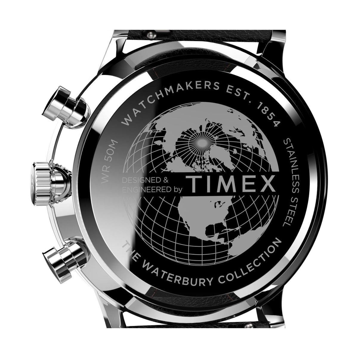 Men's watch caseback with globe engraving and Timex branding on metal bezel