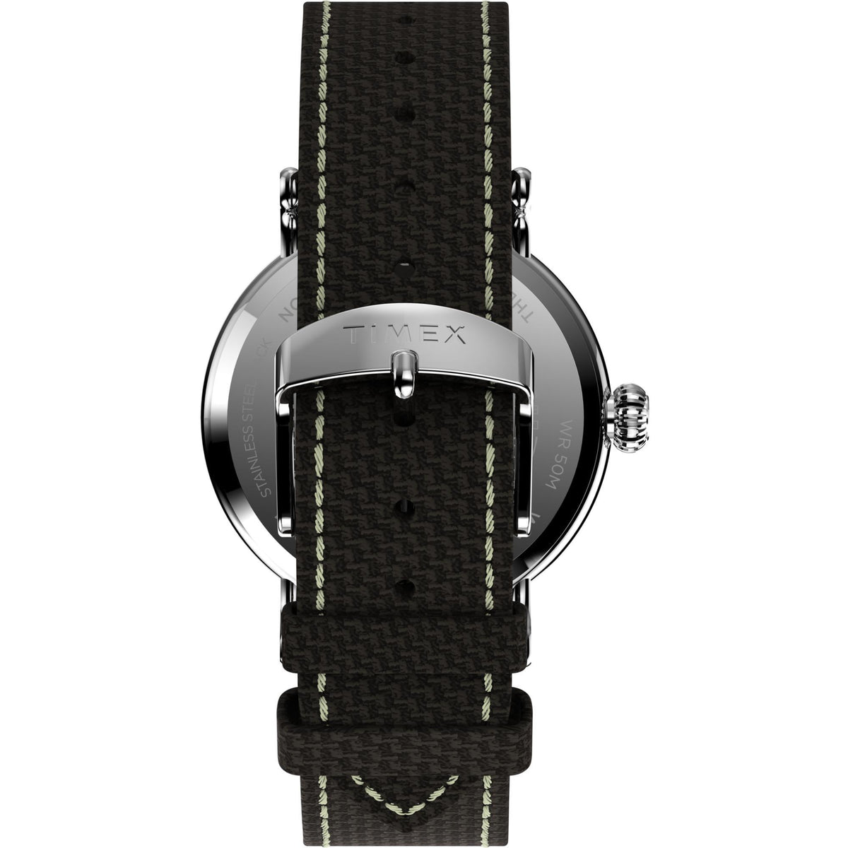 Timex Waterbury watch caseback with black fabric strap and light trim stitching