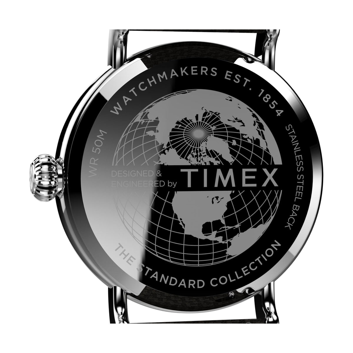 Timex watch caseback with globe engraving and stainless steel back markings