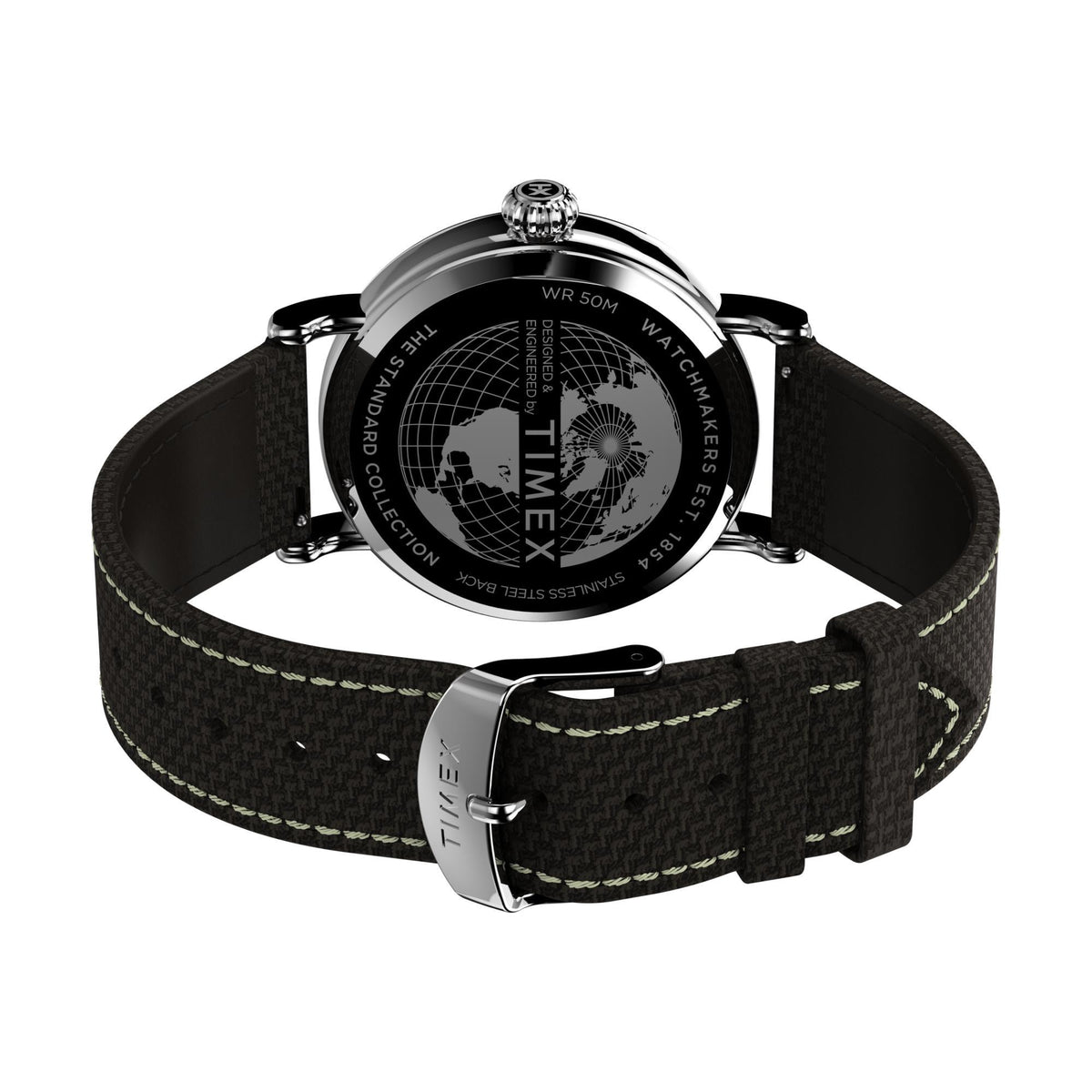 Timex quartz watch with black fabric strap and silver buckle, globe caseback view