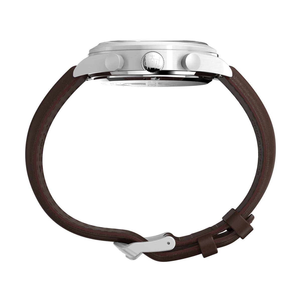 Brown leather watch strap with metal buckle and silver case side profile