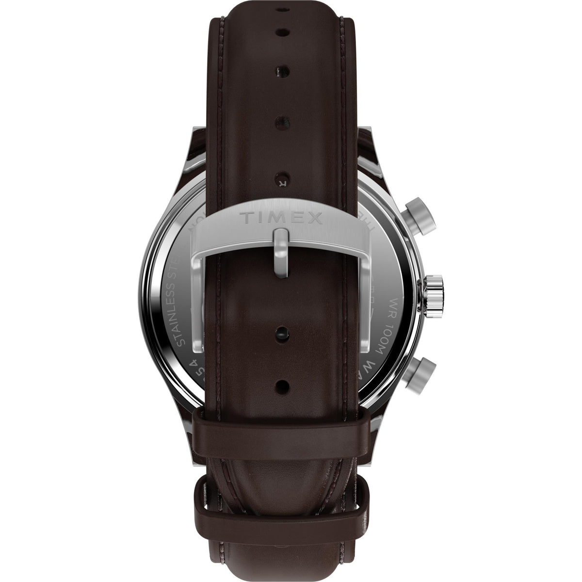 Mens watch with brown leather strap and round silver case back view
