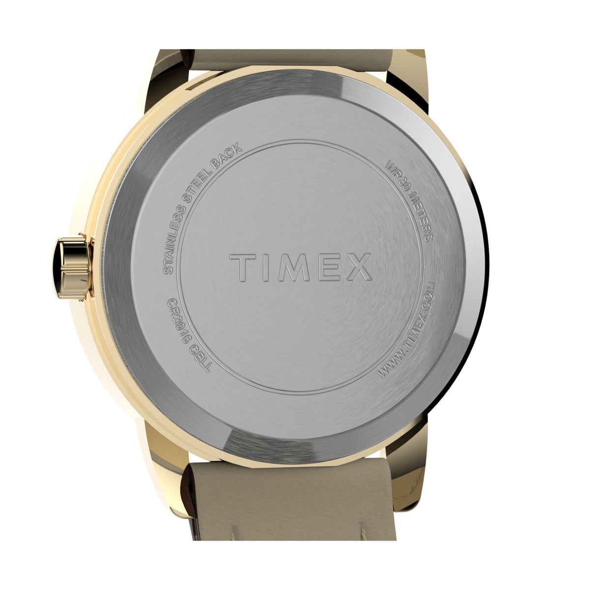 Timex Easy Reader quartz watch caseback, silver-tone metal with gold-tone accents