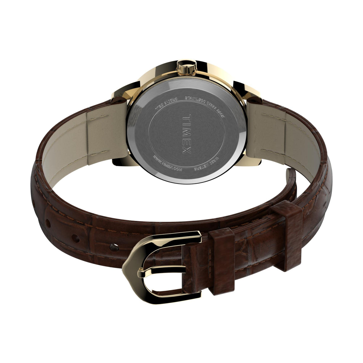 Timex Easy Reader quartz watch with brown leather strap and gold buckle, rear view