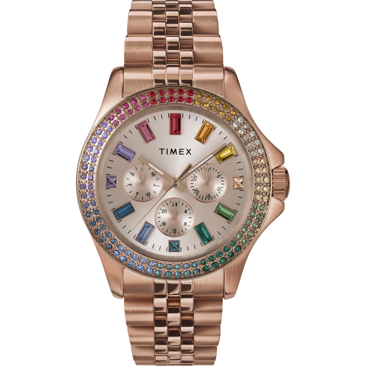 Rose gold chronograph wristwatch with jeweled bezel and white dial, three subdials