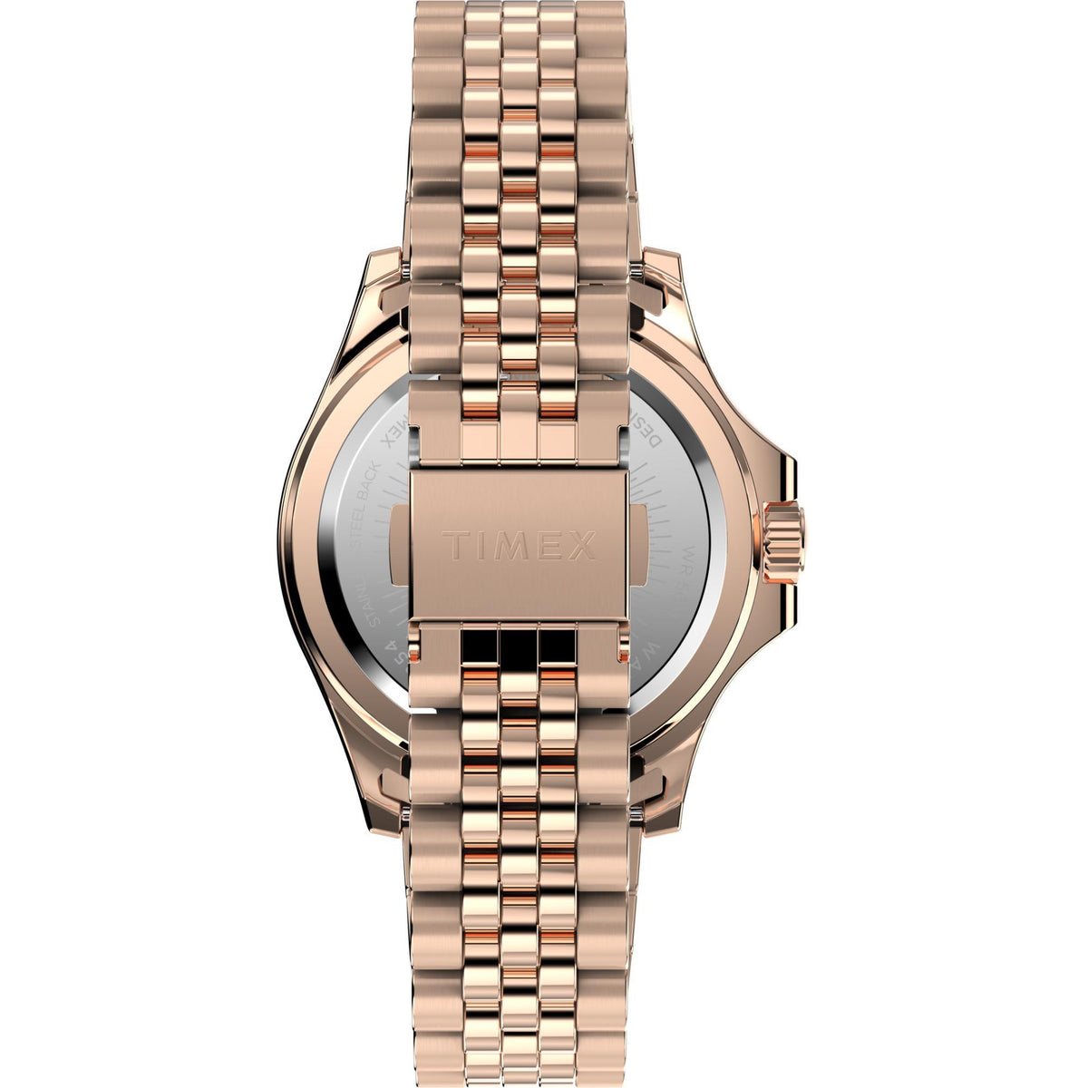 Rose gold chronograph watch case back with steel bracelet and crown detail