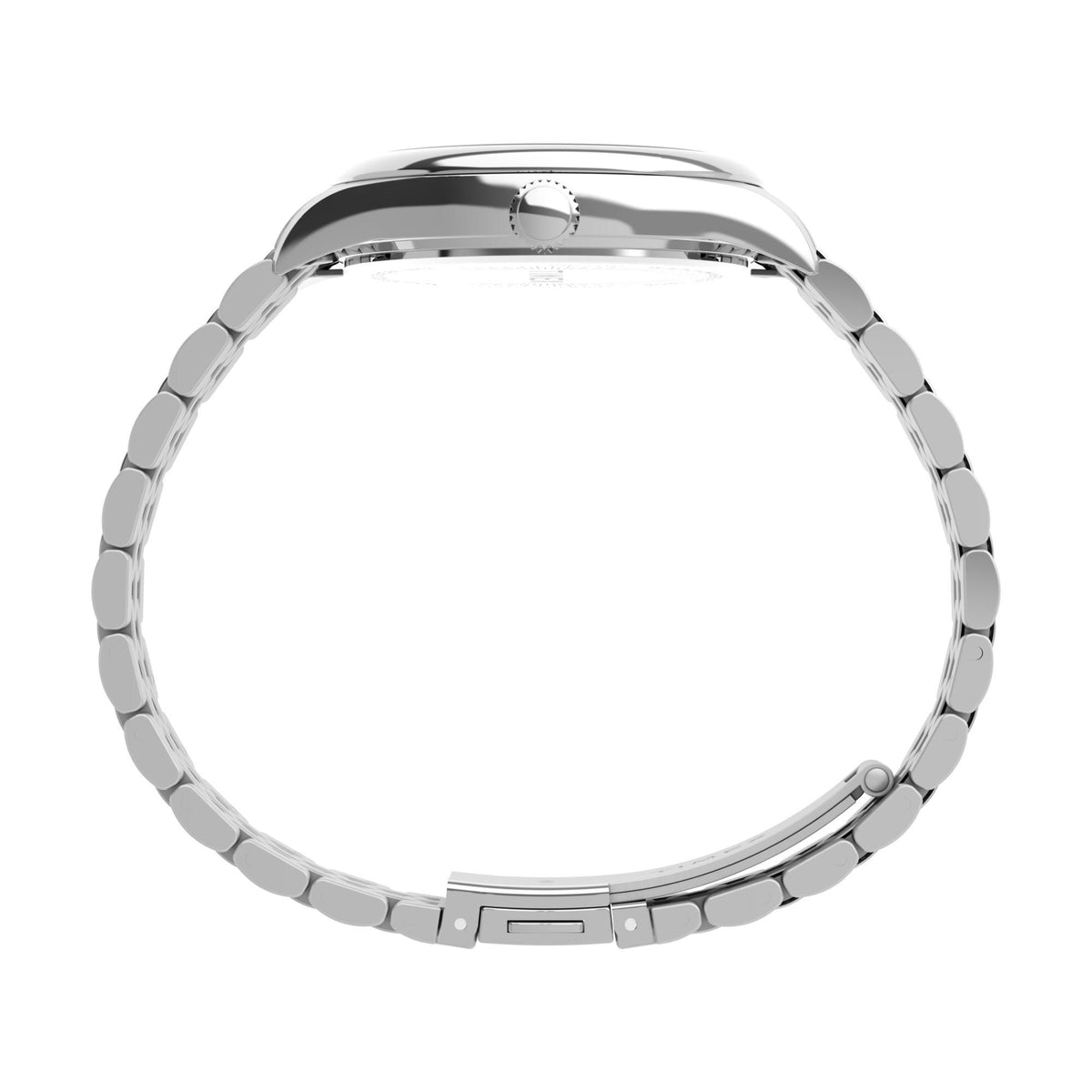 Timex ladies quartz watch case back view with stainless steel bezel and crown