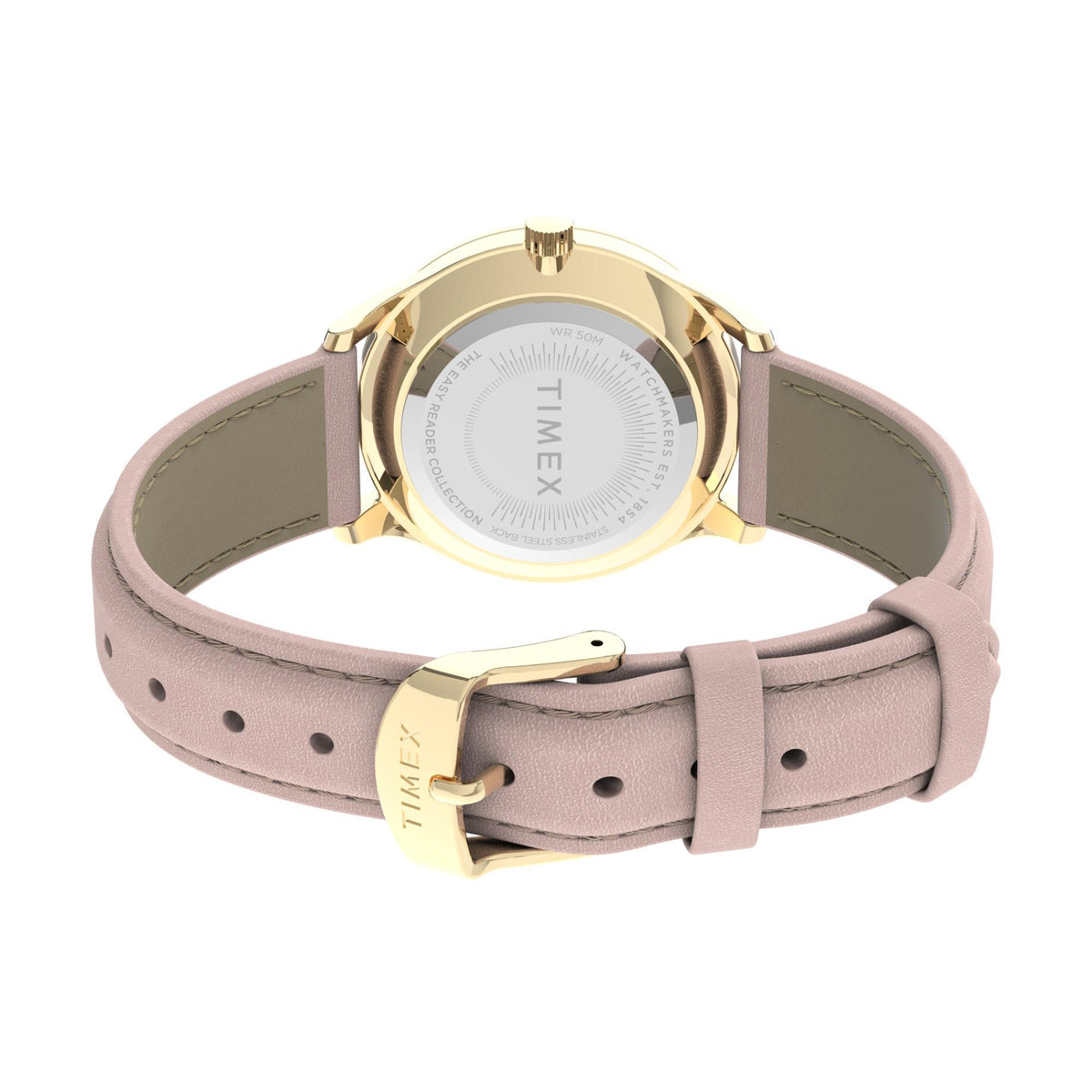 Timex Easy Reader watch with light pink leather strap, gold-tone case, and clasp