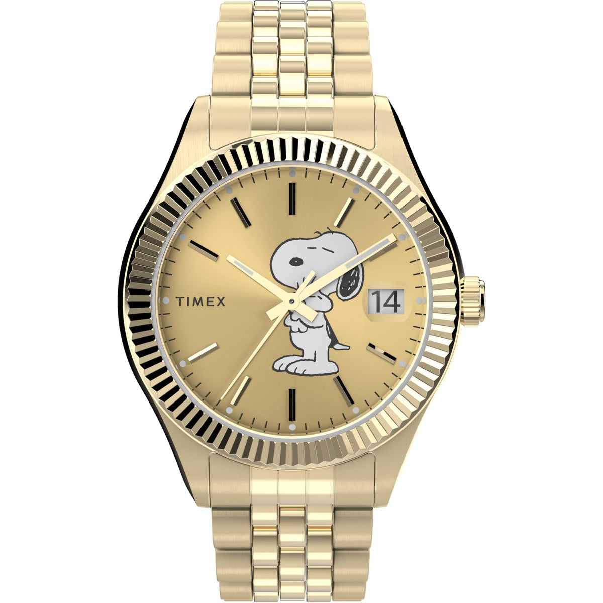 Gold-tone stainless steel ladies quartz watch with Snoopy character dial and date window