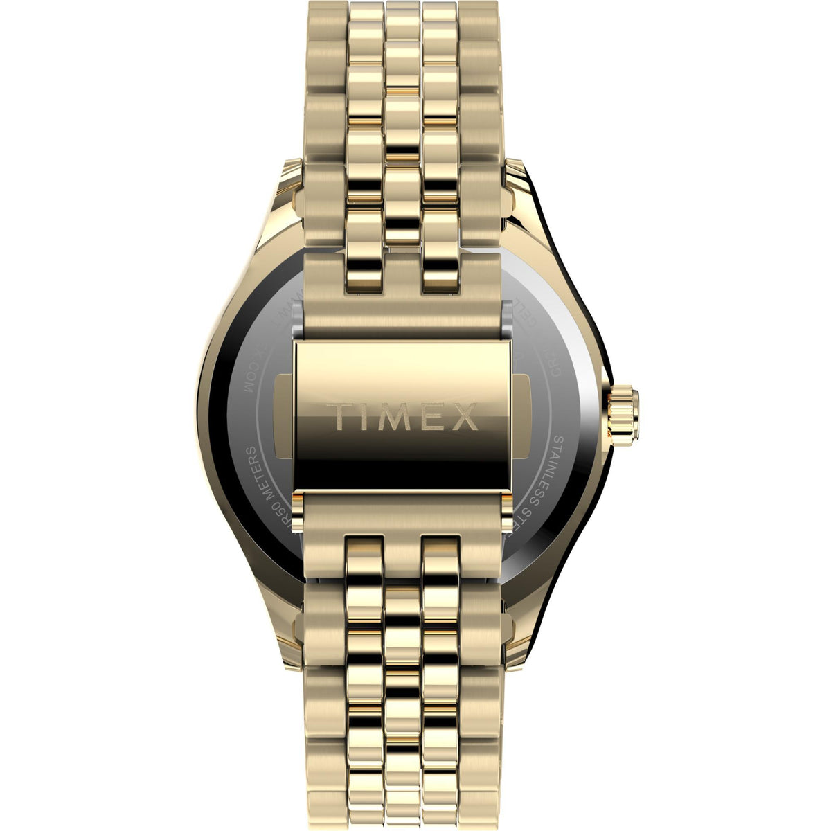 Gold-tone stainless steel watch caseback with TIMEX logo and bracelet links