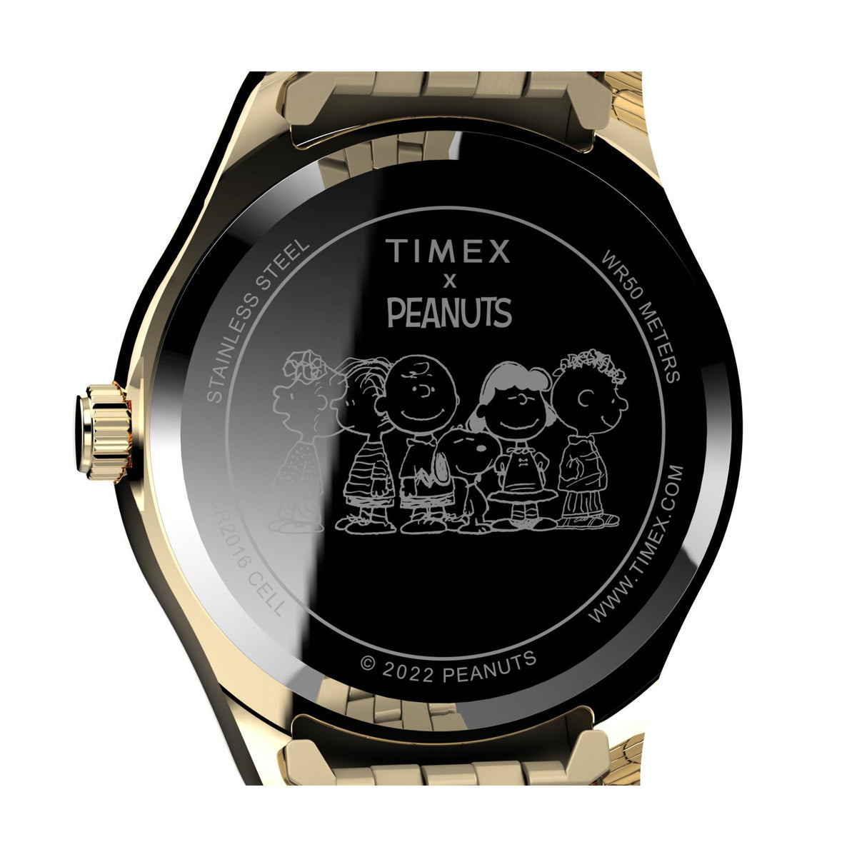 Gold-tone stainless steel caseback engraved with Timex x Peanuts and Snoopy figures