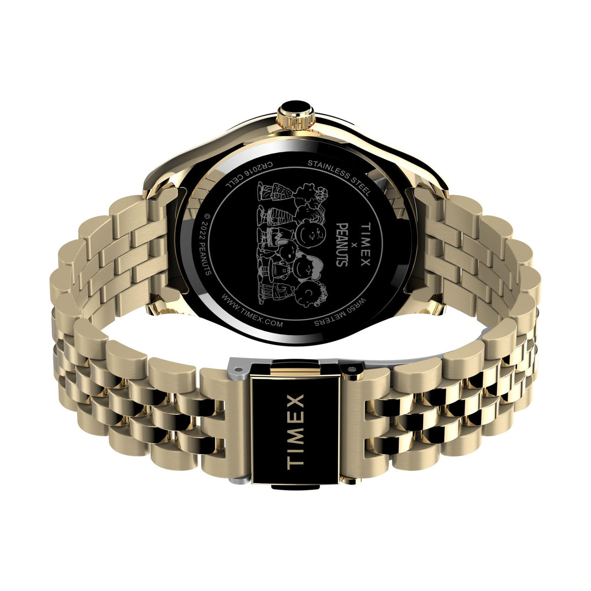 Gold-tone stainless steel ladies watch with engraved Peanuts caseback and linked bracelet