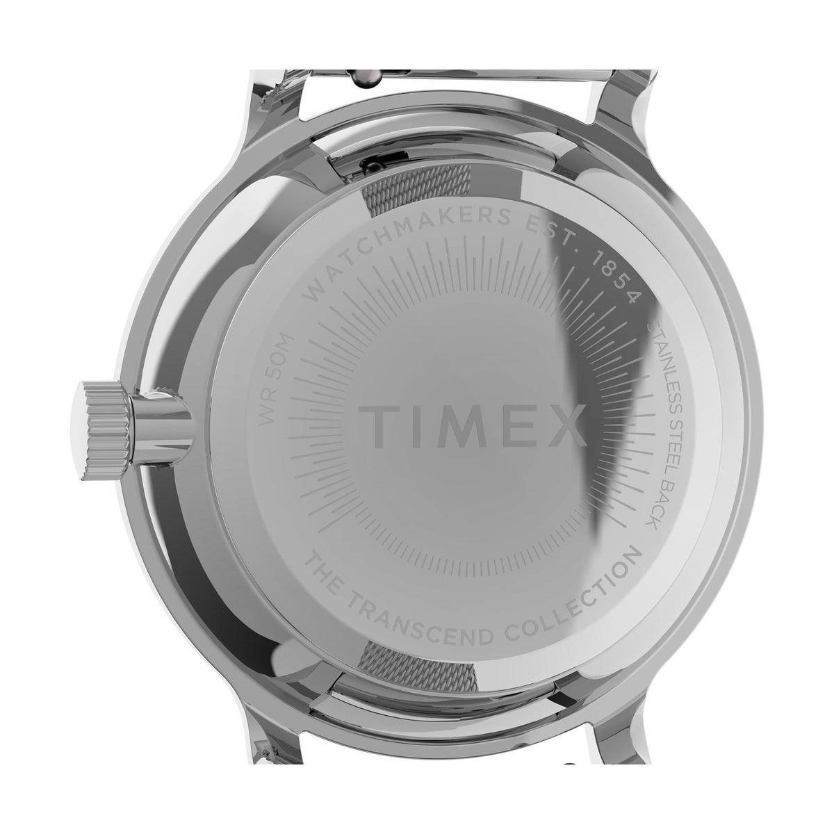 Men's quartz watch engraved steel case back with circular markings, silver tone, round bezel