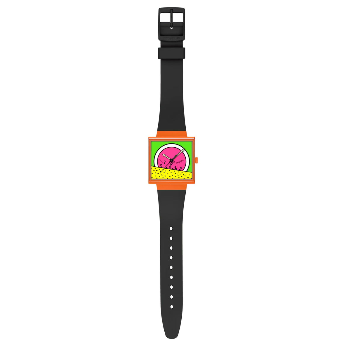 Women’s square Swatch watch with pink dial, orange case, and black silicone strap