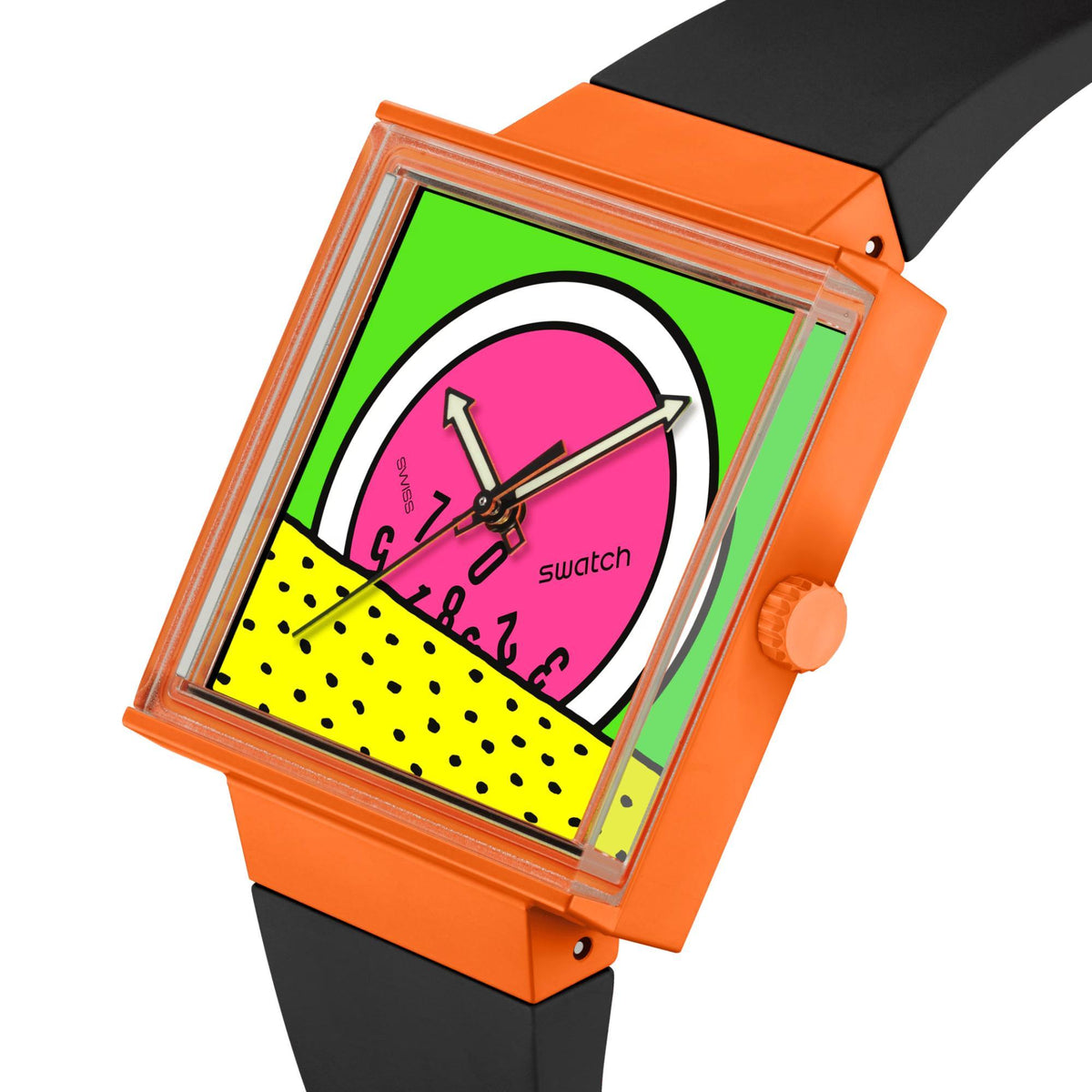 Square watch dial close-up: pink center, green ring, yellow texture, orange bezel