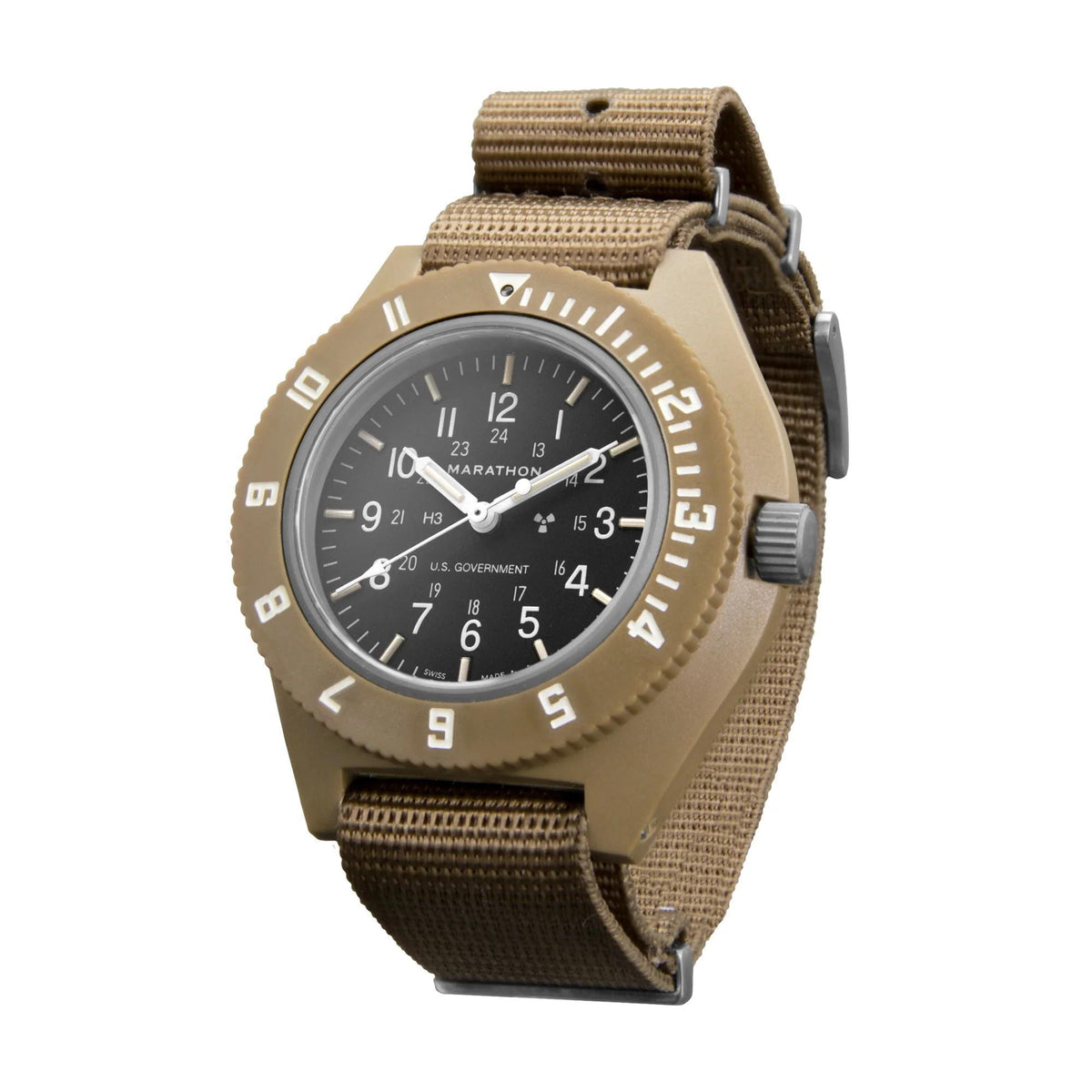 Angled desert tan navigator watch with black dial and woven fabric strap