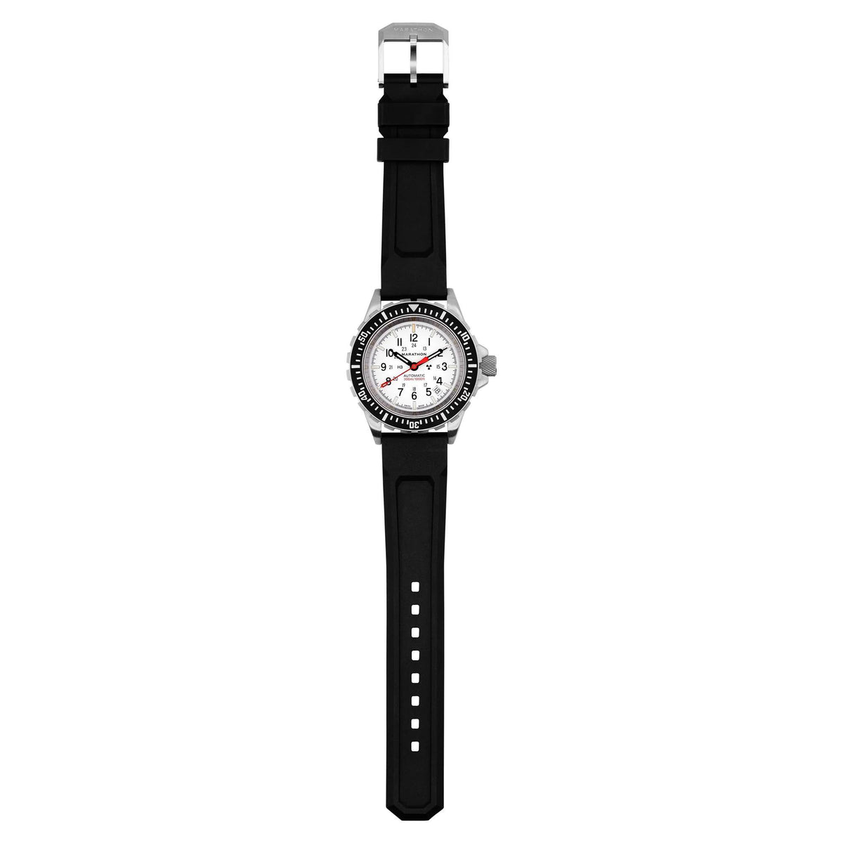 Men’s dive watch on black rubber strap, white dial with black bezel