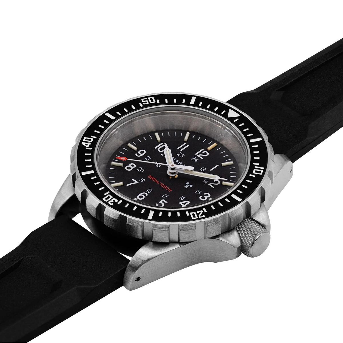 Men’s diver watch close-up with textured crown and detailed black bezel and dial.