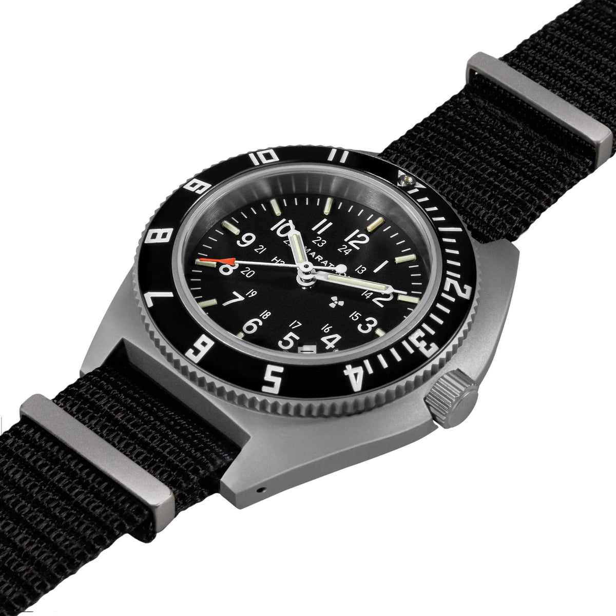 Men's steel watch with black dial and black fabric strap, angled close-up view