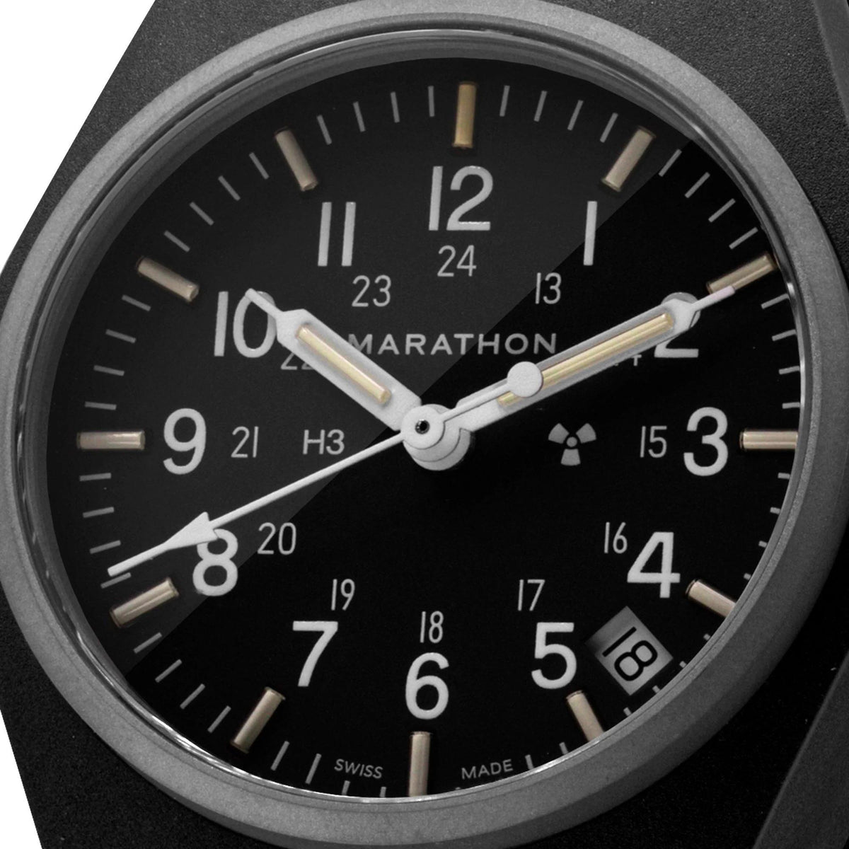 Close-up black dial Marathon quartz men's watch with Arabic numerals and date window