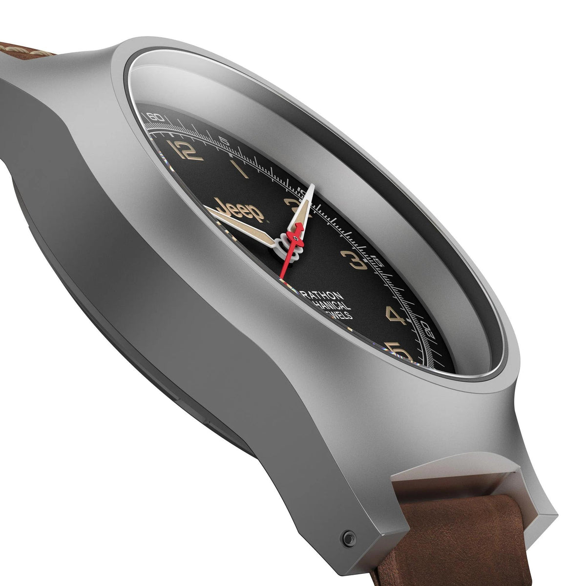 Men's stainless steel watch case with black dial and brown leather strap, angled view