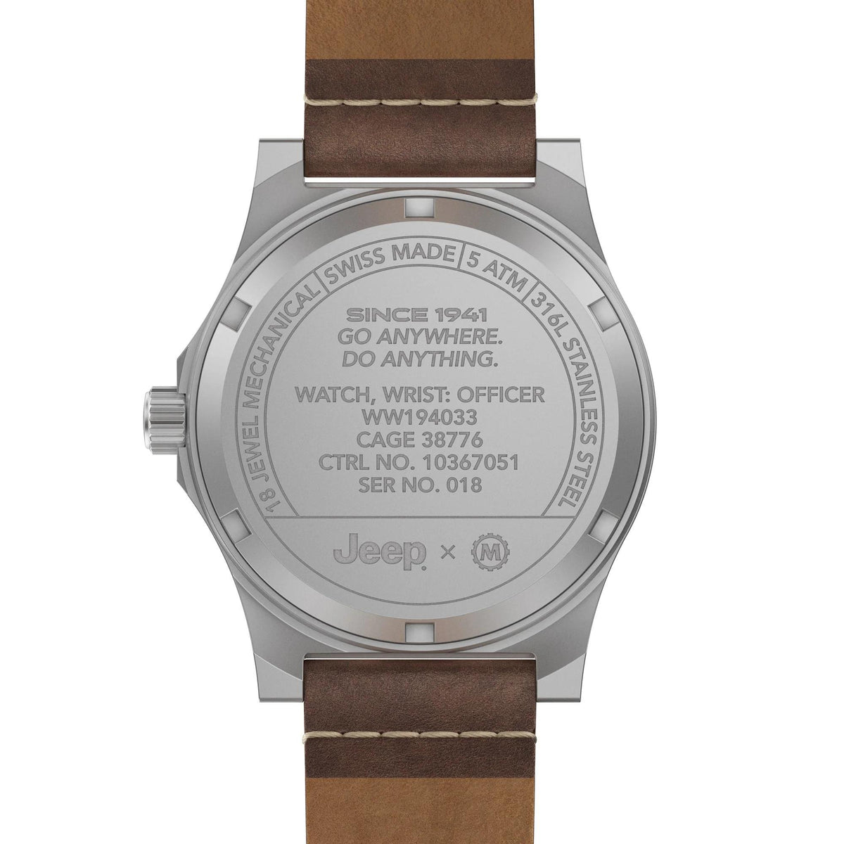 Stainless steel caseback of men's mechanical watch with brown leather strap