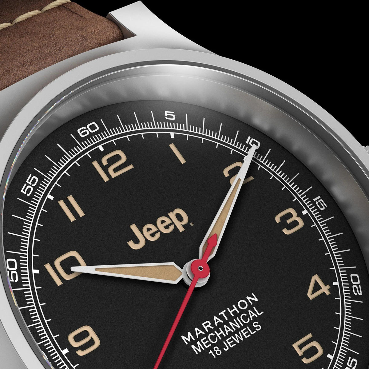 Close-up of men's mechanical watch black dial with Jeep logo and Marathon Mechanical text