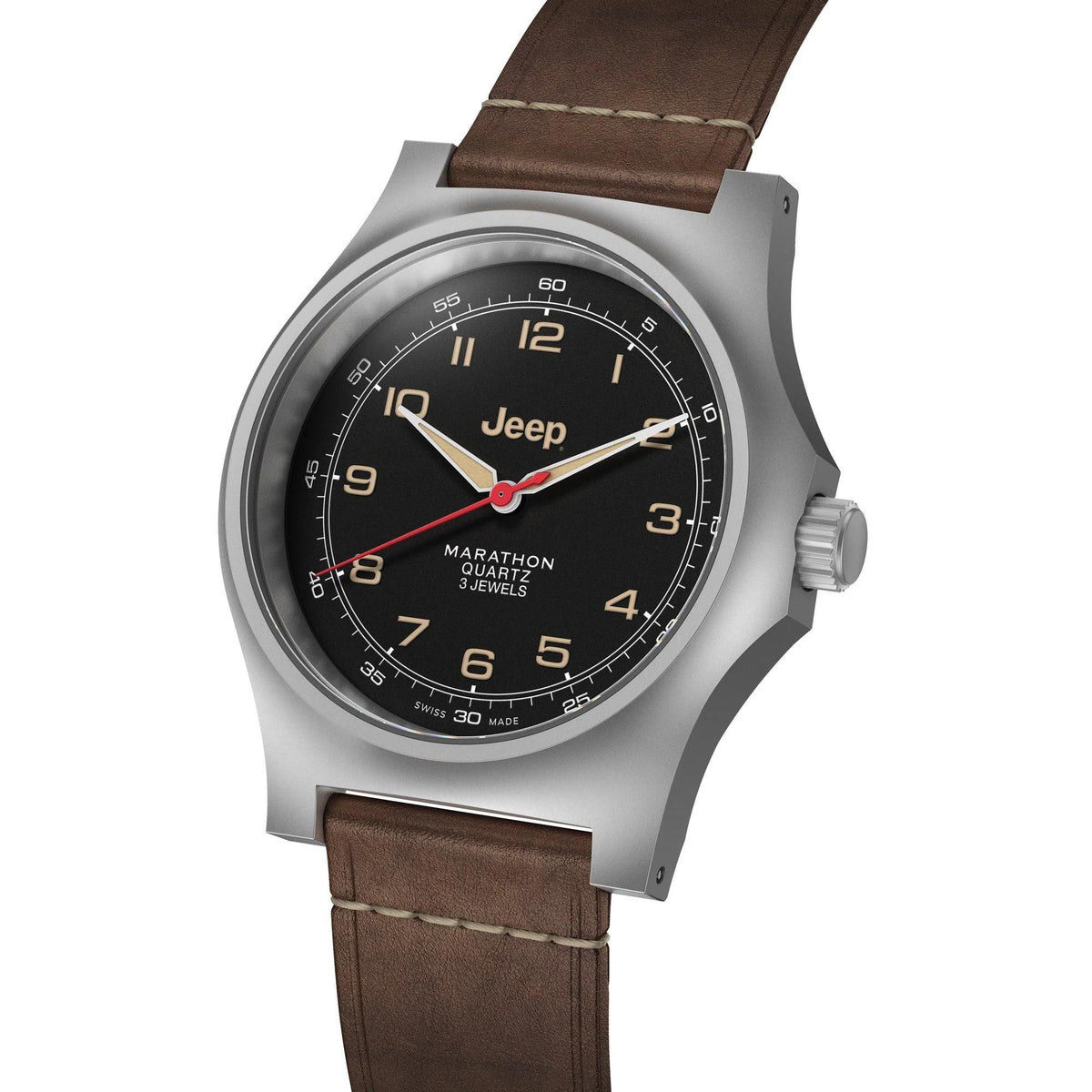 Men's stainless steel quartz wristwatch angled view; black dial with red center seconds hand.
