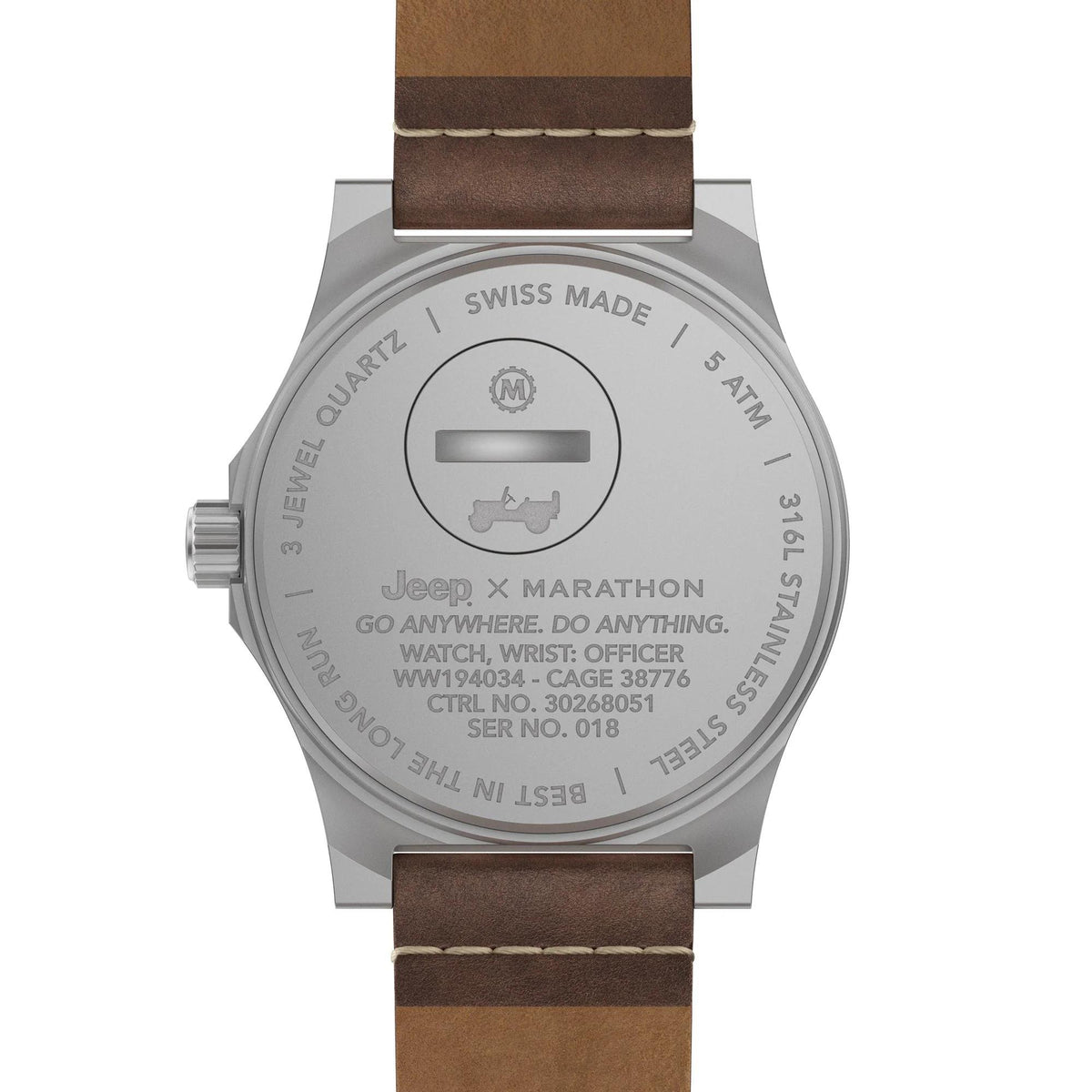 Men's stainless steel watch case back with engraved markings and brown leather strap.