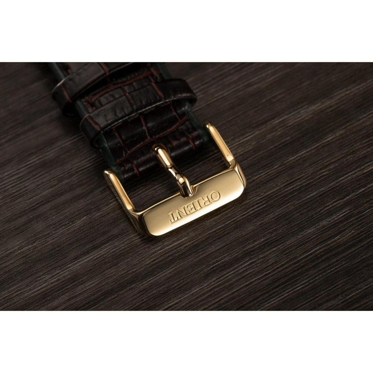 Orient Bambino dark brown leather watch strap with gold-tone buckle