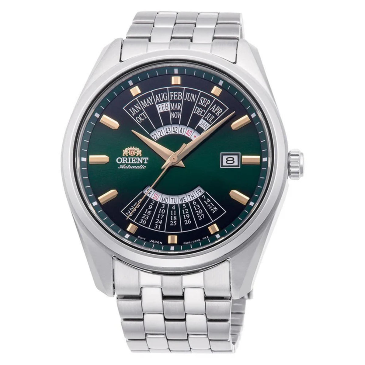 Orient Multi-Year Calendar RA-BA0002E30B mechanical watch with green dial and stainless steel bracelet