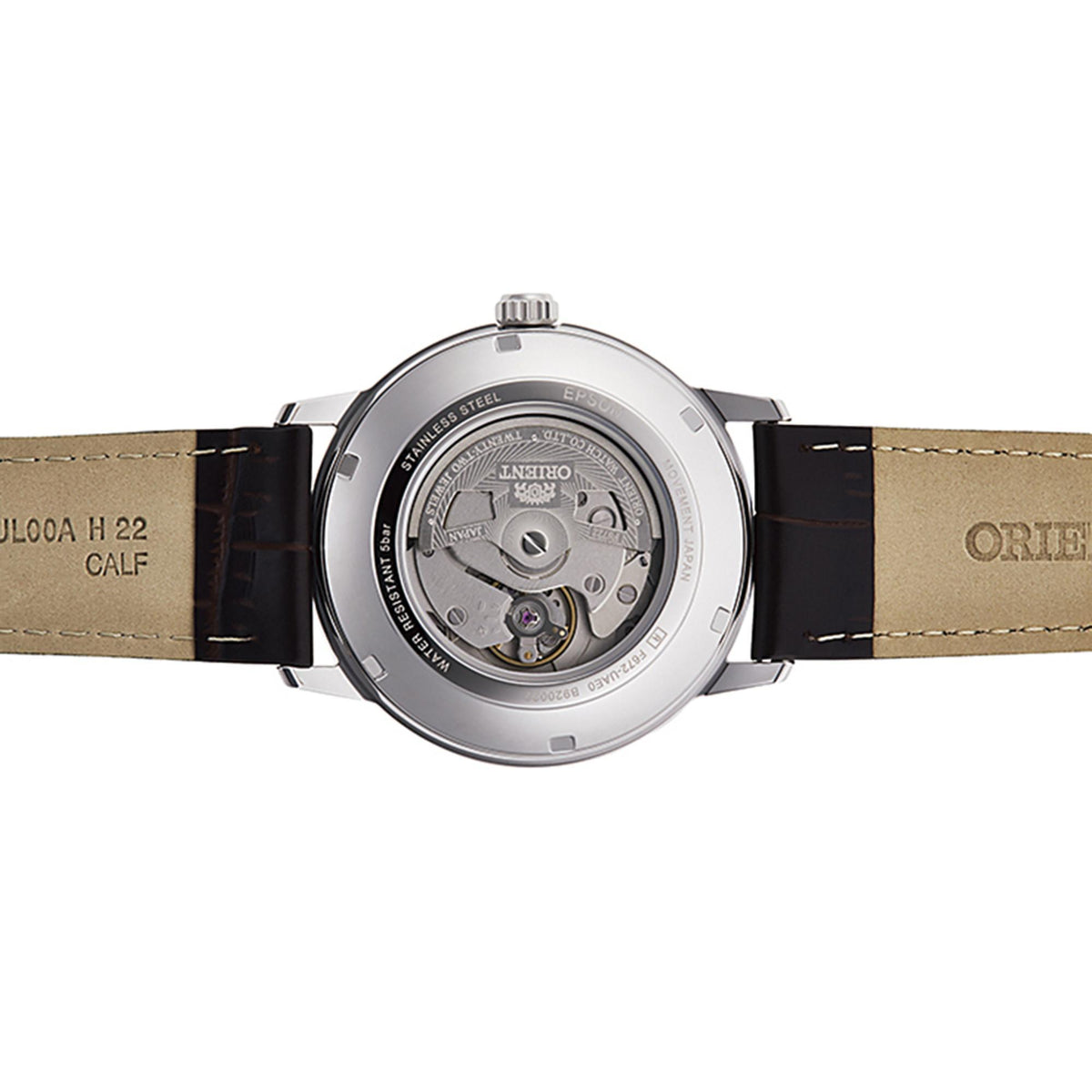 Men's Orient automatic watch, silver case, dark leather strap, open caseback view