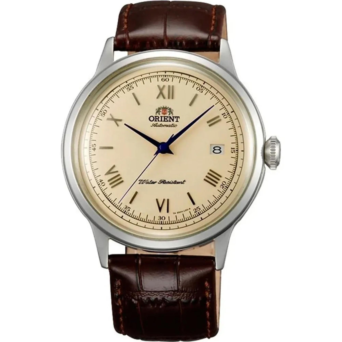 Orient Bambino II TAC00009N0 watch with brown leather strap on a white background