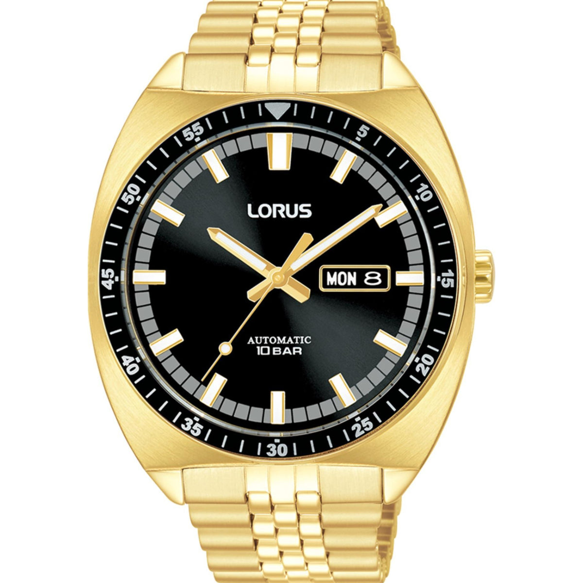 Gold men's automatic watch with black dial, day-date window and gold stainless strap